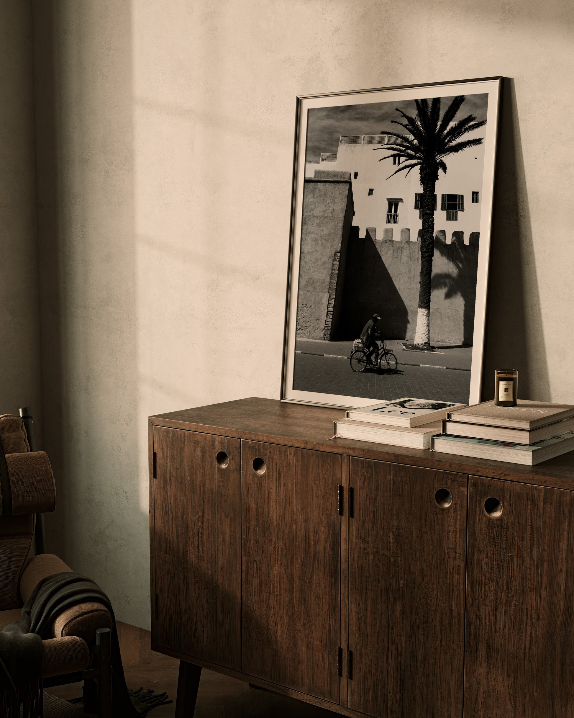 A Man on a Bicycle in Morocco, with a Palm Tree and traditional architecture - Black & White Photography Print A1 A2 A3 - Explura.co