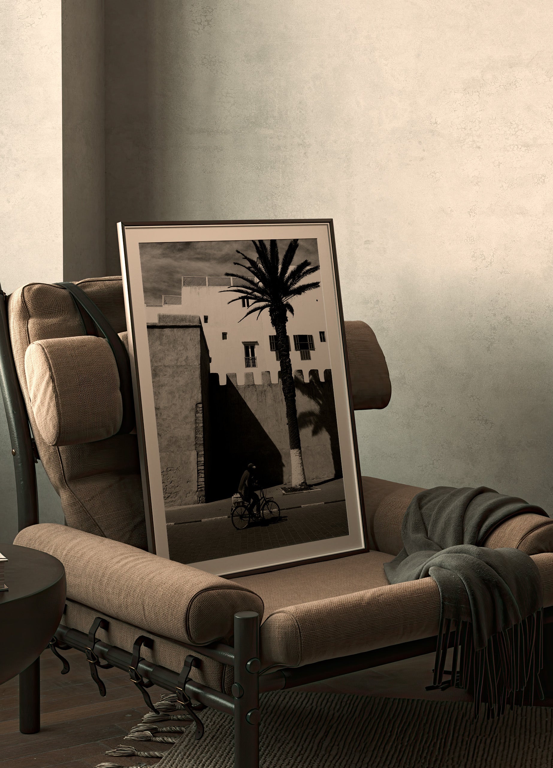 A Man on a Bicycle in Morocco, with a Palm Tree and traditional architecture - Black & White Photography Print A1 A2 A3 - Explura.co