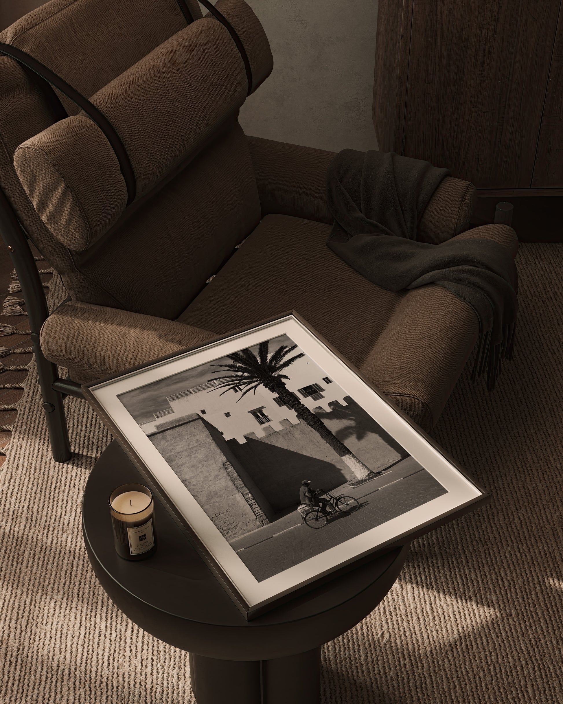 A Man on a Bicycle in Morocco, with a Palm Tree and traditional architecture - Black & White Photography Print A1 A2 A3 - Explura.co