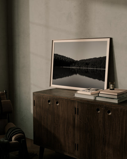 Trees reflect perfectly on a still body of water, a calm and tranquil lake - Black & White Large Photography Print - Wall Art Posters - Explura.co
